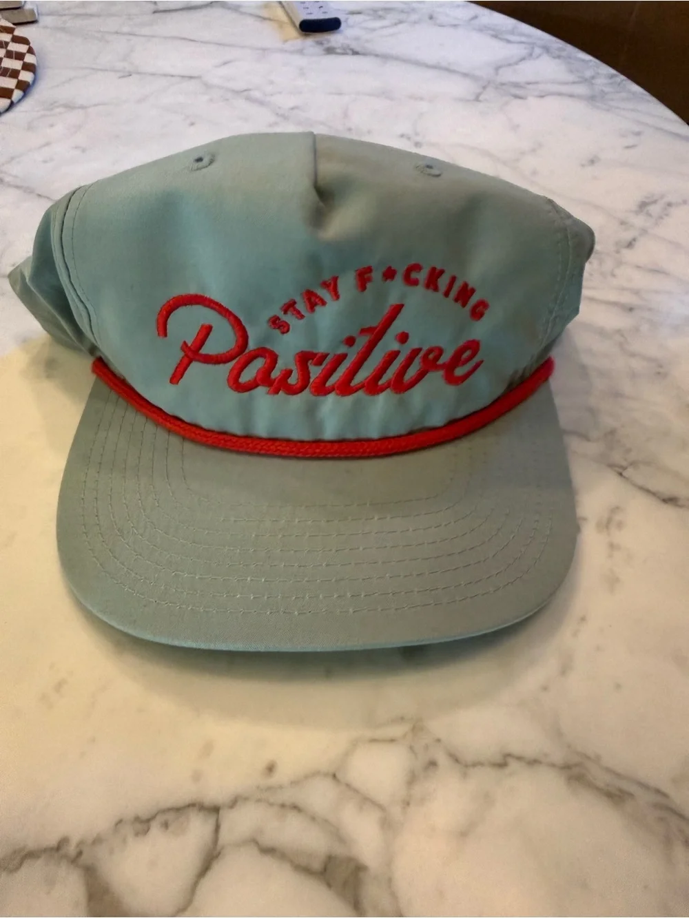 Stay Positive Embroidered Rope Cap - Mint with Red Script- ski town all stars